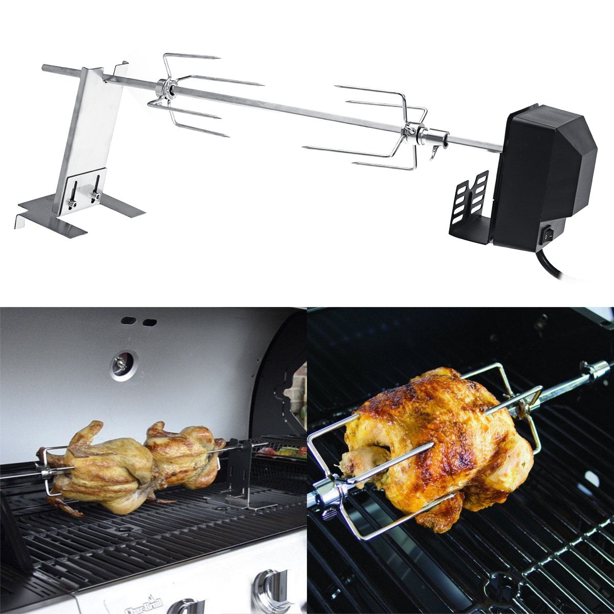 Upgrade support stand Stainless Steel BBQ Grill Spit Roaster Rod