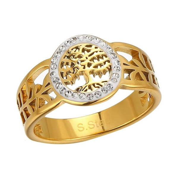 PAMTIER Stainless Steel Cubic Zirconia Hollow Round Tree of Life Ring for Women Gold Size 6