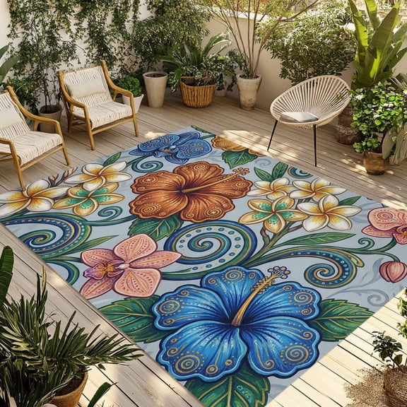 Boho Colorful Floral Outdoor Rug for Patio/Deck/Porch, Non-Slip Large Area Rug 3 x 5 Ft, Spring Flowers Vintage Abstract Art Indoor Outdoor Rugs Washable Area Rugs, Camping Rug Carpet Runner