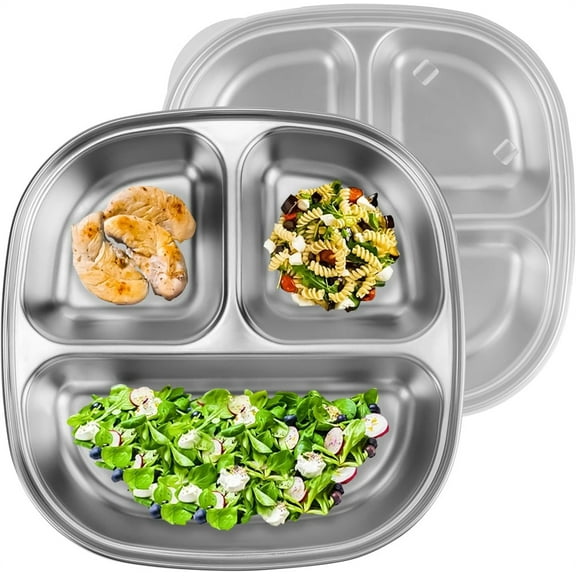 Duslogis 2 Pcs Stainless Steel Portion Control Plate, 3 Compartments Divided Plate with Lid, Durable Meal Prep Pan for Adults Suitable for Diet Food Control, Camping Use