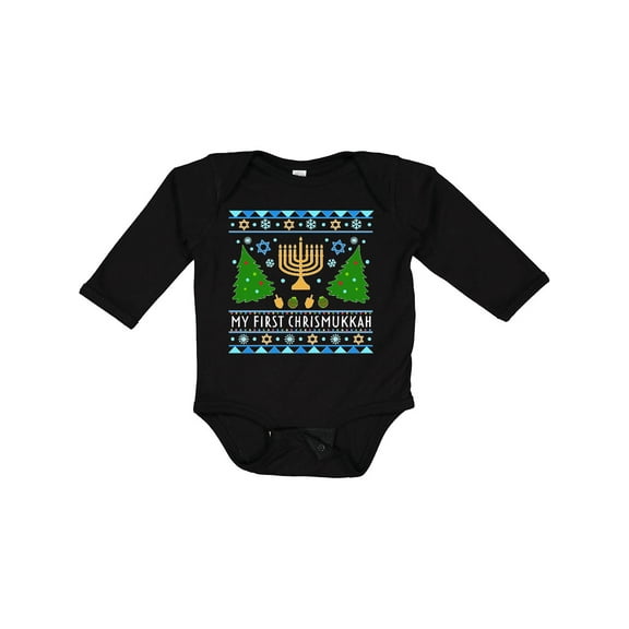 Inktastic My 1st Chrismukkah Sweater Style with Menorah and Trees Boys or Girls Long Sleeve Baby Bodysuit