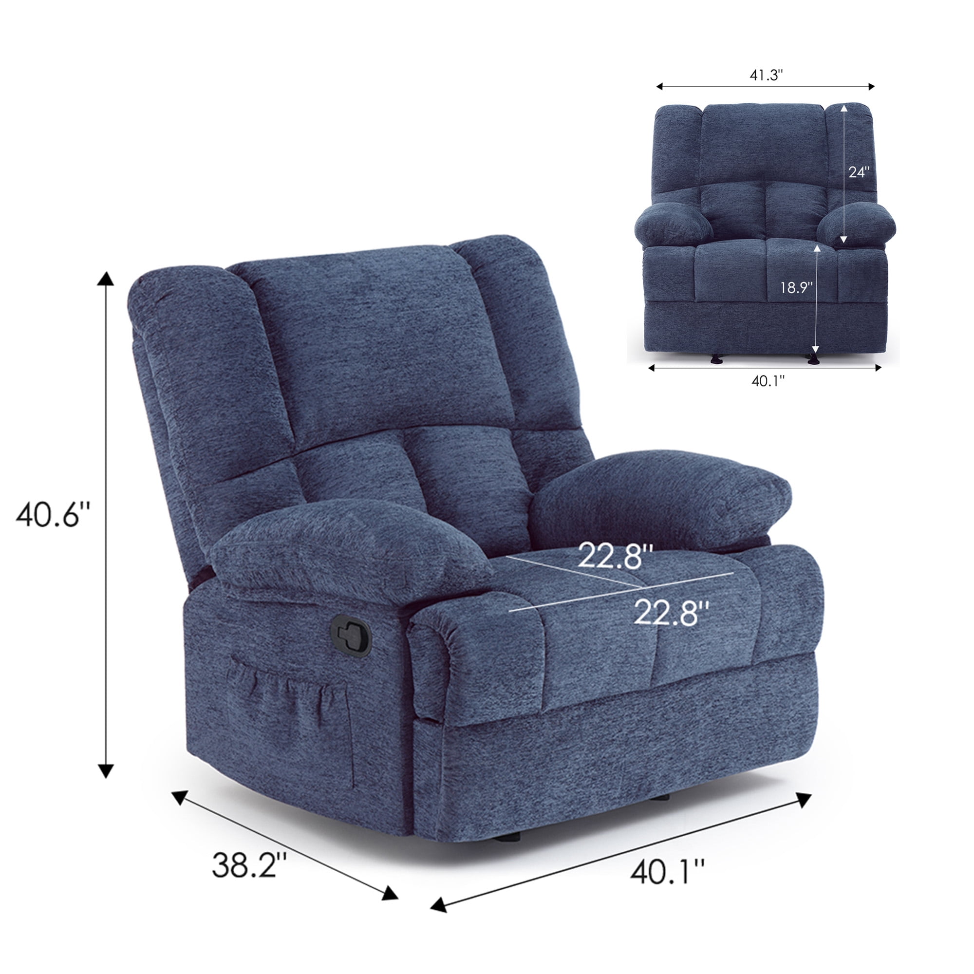 MAYEERTY Blue Oversized Rocking Recliner Sofa for Adults, Chenille, Ergonomic, Perfect for Living Room