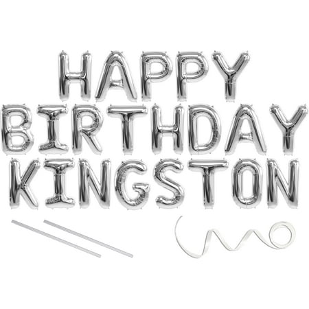 Kingston, Happy Birthday Mylar Balloon Banner - Silver - 16 inch Letters. Includes 2 Straws for Inflating, String for Hanging. Air Fill Only- Does Not Float w/Helium. Great Birthday Decoration