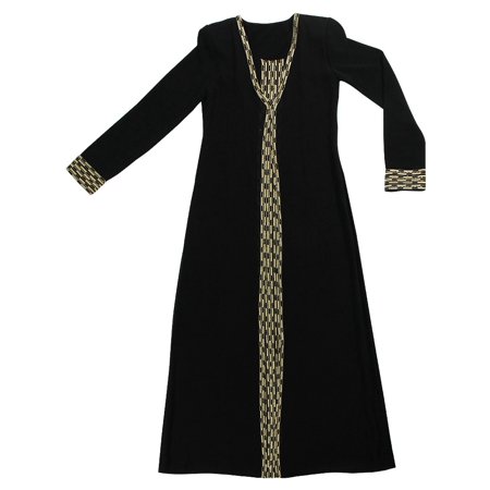 Hijaz Women's Black Abaya Dress with Attached Covering and Gold Embroidered Patterns