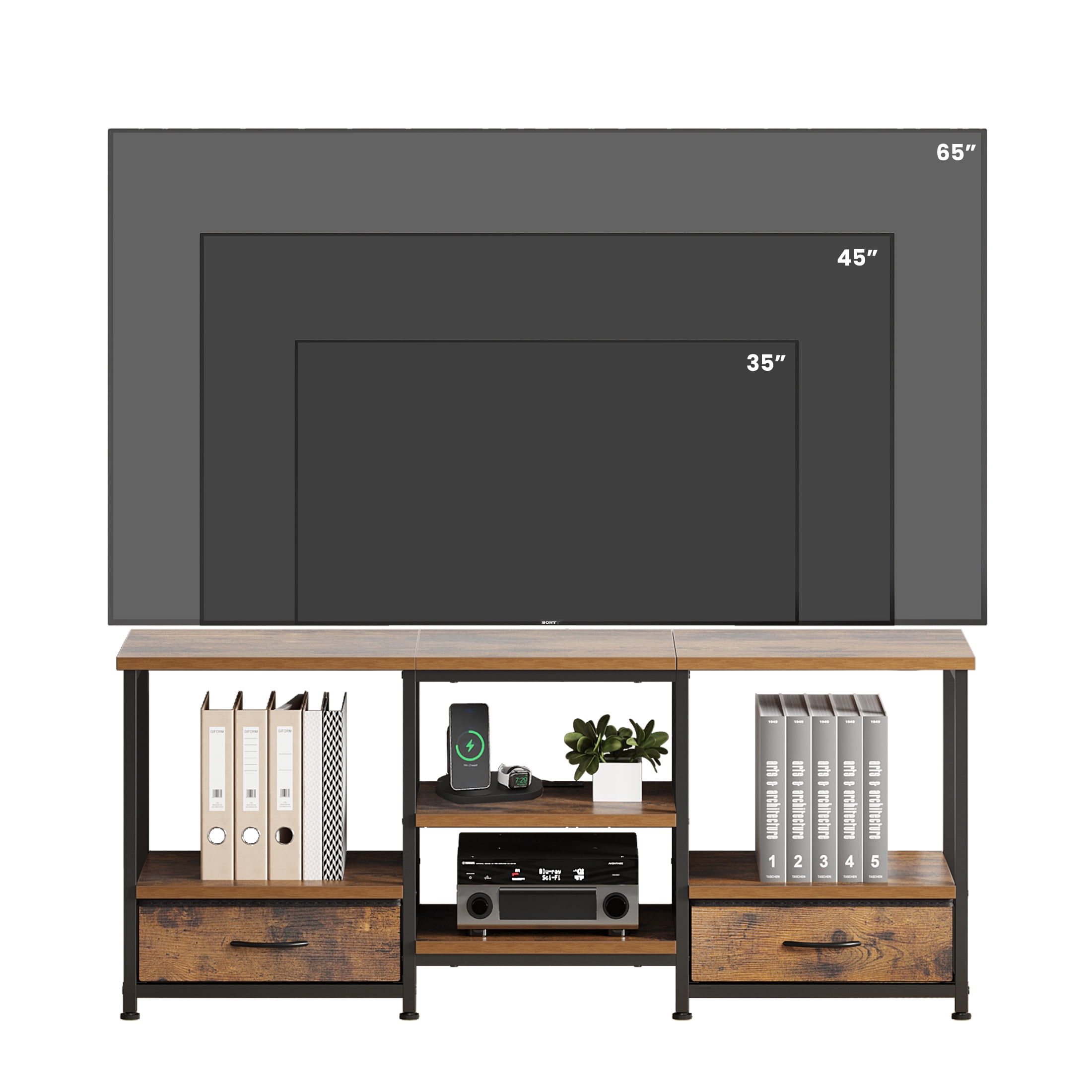 EDX 47-inch TV Stand with Power Outlets,  2 Fabric Drawers,  Entertainment Center Console Table with Adjustable Shevles, for Living Room & Bedroom, Rustic Brown