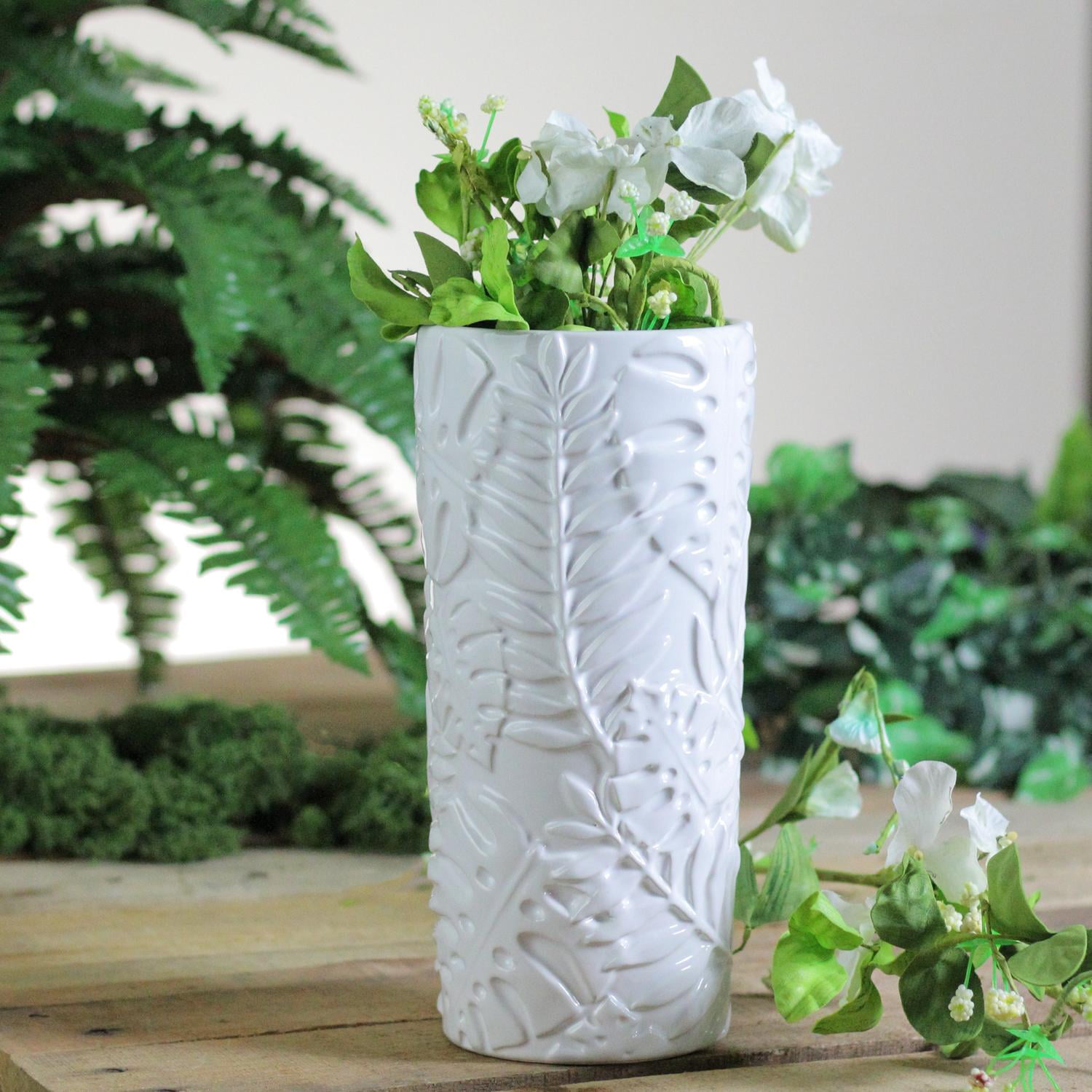 9.5" Contemporary White Tropical Leaf Design Ceramic Flower Vase
