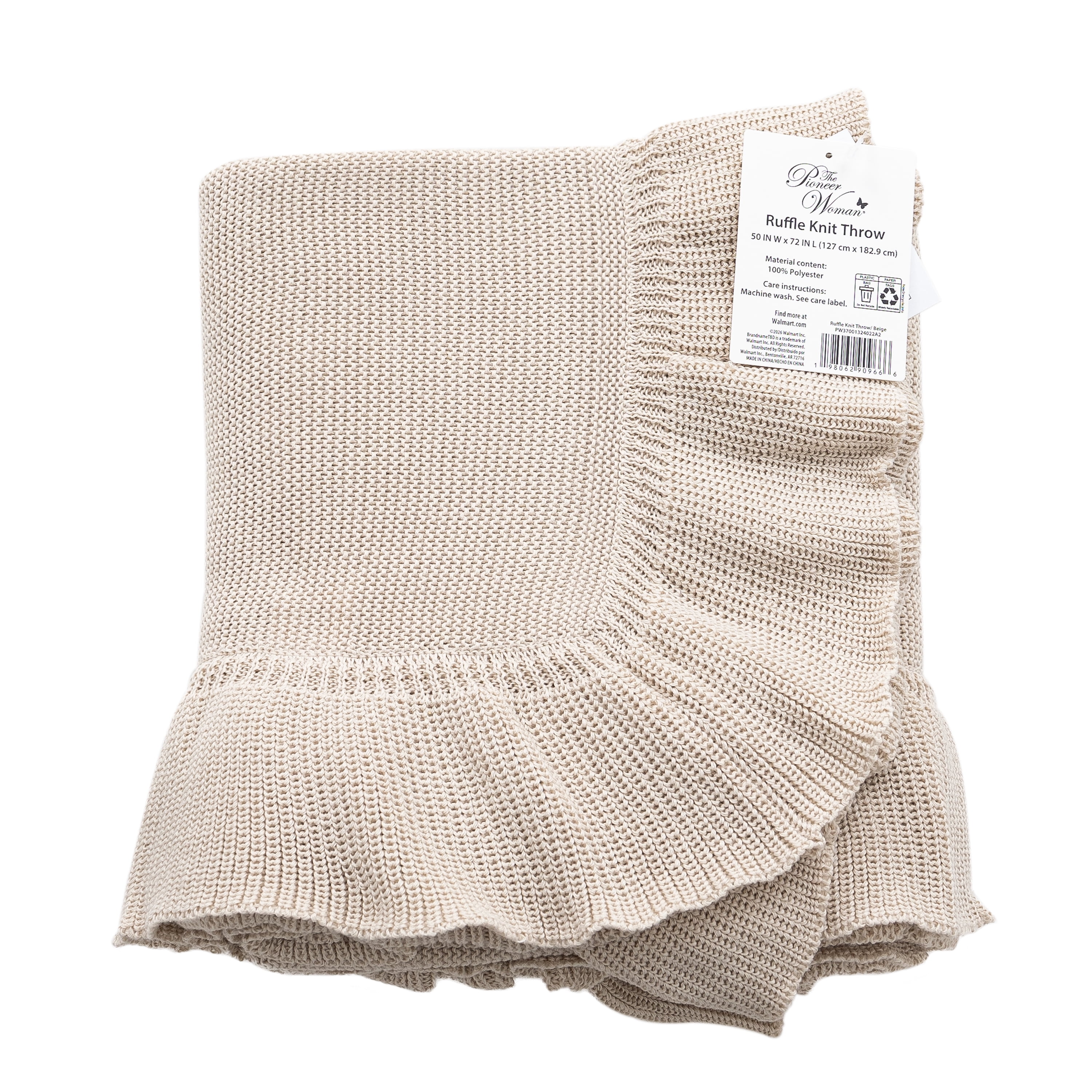 The Pioneer Woman Ruffle Knit Oversized Throw Blanket, Beige, 50 x 72 in