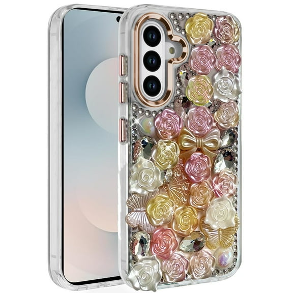 For Samsung s25 FE Muti-Color Floral Bling Stones Ornaments Case - Orange