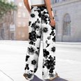 thumbnail image 4 of WTOBBY Women's Floral Print Wide Leg Pants with High Waist Drawstring Loose Casual Design and Side Pockets for Comfortable Summer Wear ,Dark Gray L, 4 of 7