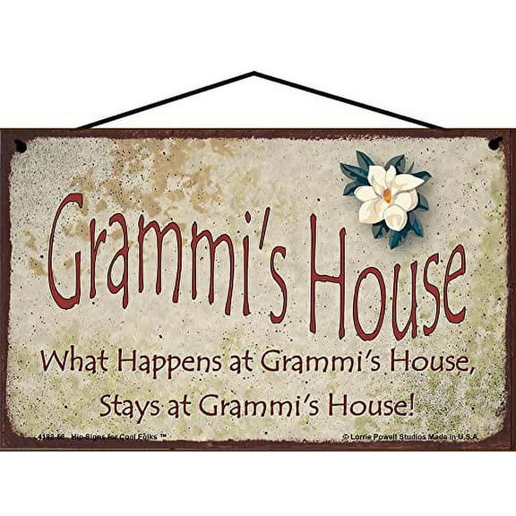 5x8 Grammi's House Sign with Magnolia Flower What Happens at Grammi's House Stays at Grammi's House Vintage Style Decorative Household Family Home Décor Grandma Nickname Gift Signs for any Grandmother