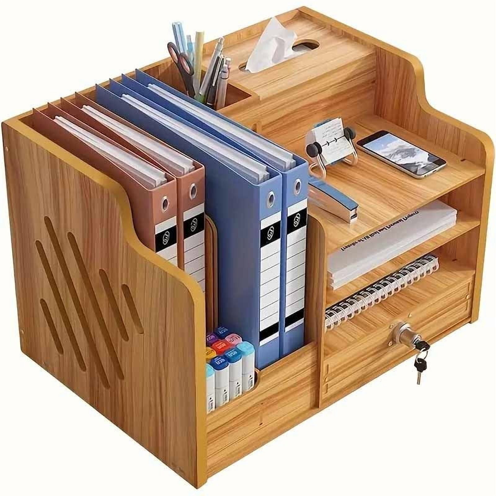 Recycled Wood Office Desk Organizer - Stackable Multi-Tier File Holder with Pen And Pencil Slots Phone Compartment And Key Hooks - Polished End for Home Office Organization