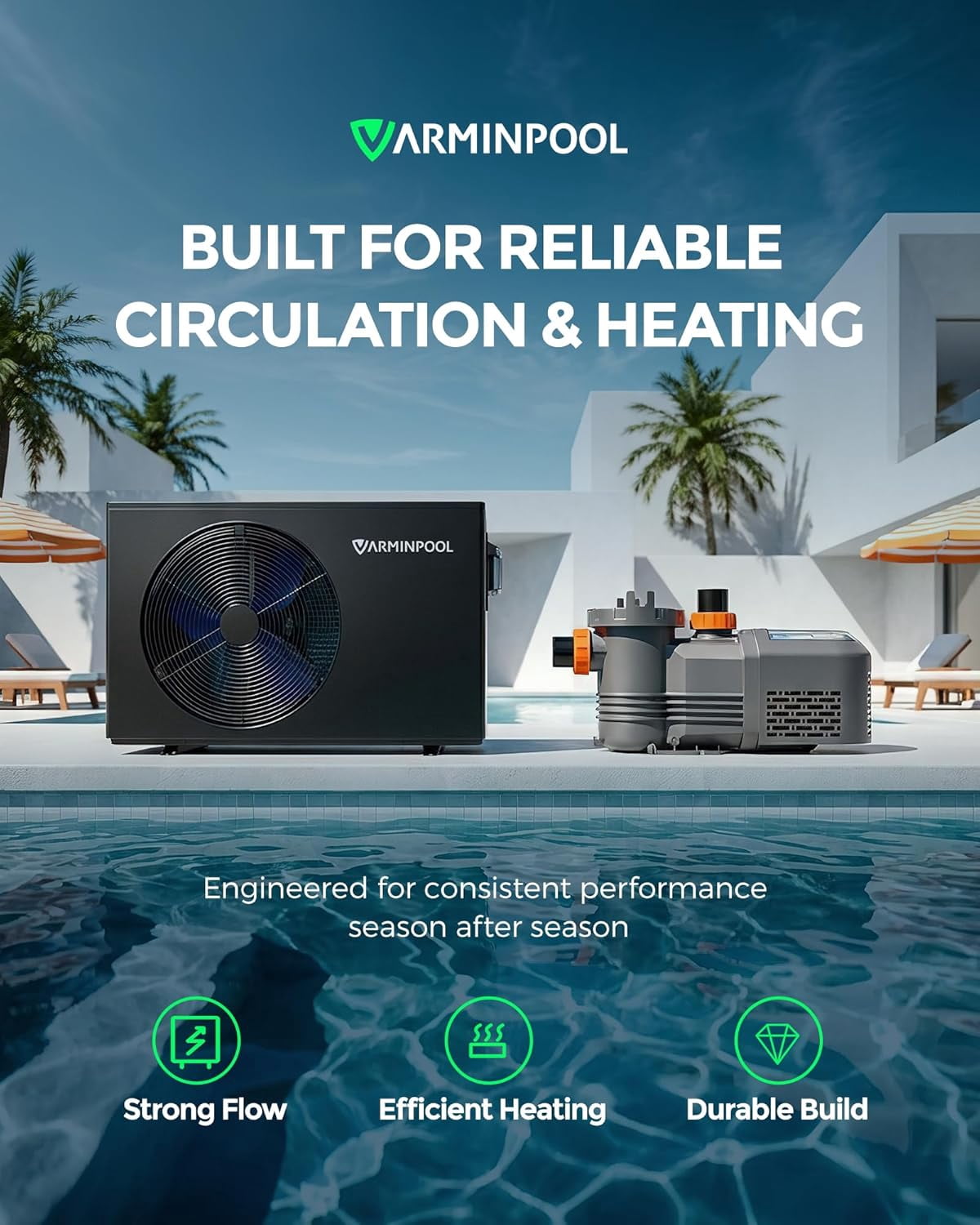 Varminpool Above Ground Pool Heater, Max 16000BTU up to 5400gallons Electric Swimming Pool Heat Pumps, Titanium Heat Exchanger, 110V/120V, Fits 8/11/15 Foot Pools Heating Pool Warmer