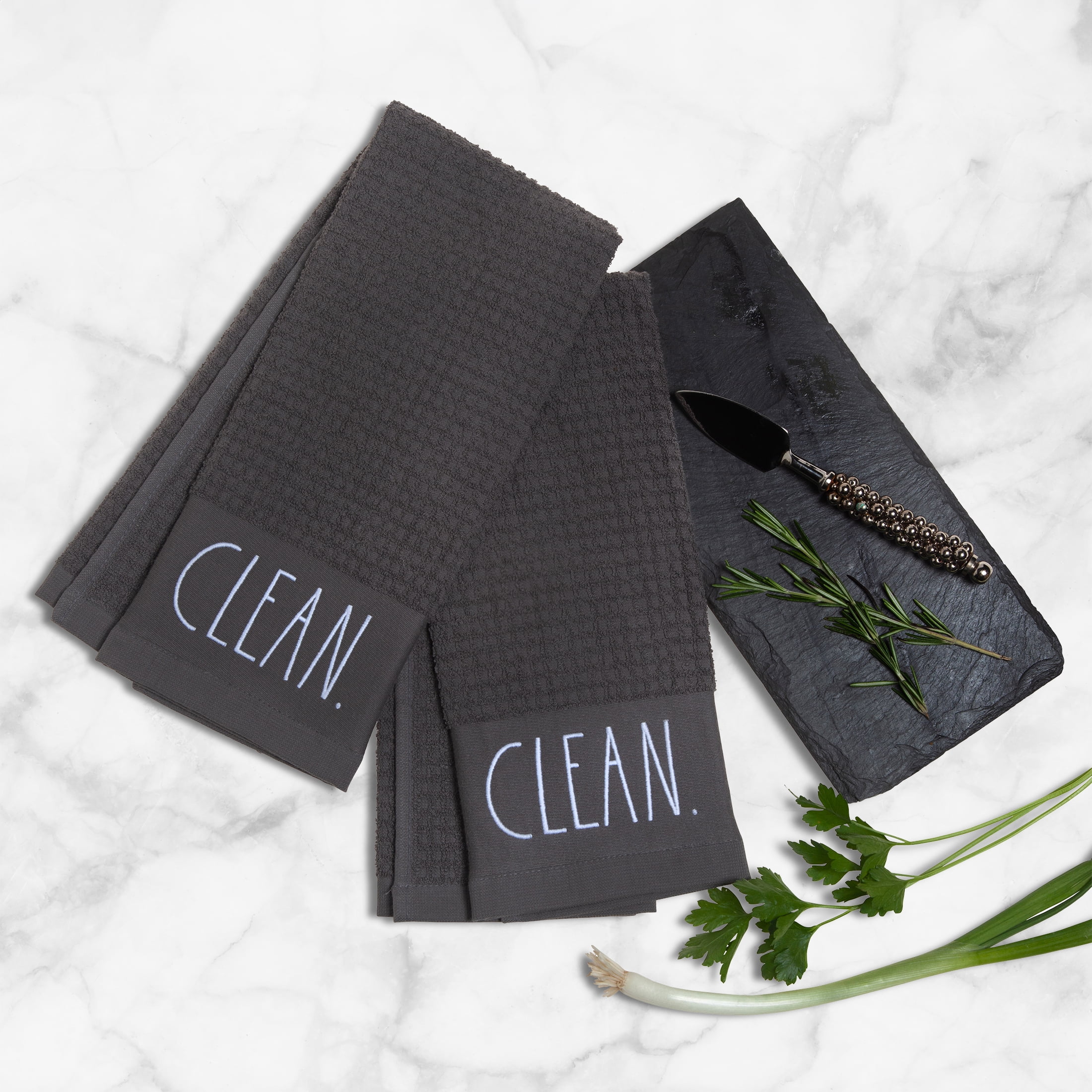 (2 pack) Rae Dunn Clean Kitchen Towel Set, 2 Pack, Gray & White