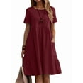 thumbnail image 1 of Robe T-Shirt d'Été en Coton et Lin pour Femmes, Décontractée, Coupe Ample, Col Rond, Manches Courtes, Longueur Midi, avec Poches, Rouge Vin, TTTG, 1 of 7