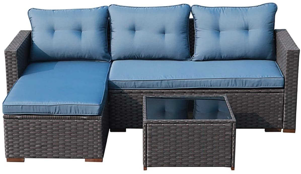 OC Orange-Casual 5-Piece Patio Furniture Set, Outdoor Sectional Sofa, Coffee Table, Dark Brown Rattan & Aegean Blue Cushion - image 4 of 9