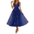 thumbnail image 2 of EliteGoogv Womens Cocktail Dresses Sleeveless V Neck Midi Dresses For Women Belted Waist Flowy Fit Summer Dresses Evening Party Dresses Navy, 2 of 5