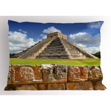 Pyramid Pillows For Reading Ancient Pillow Sham Wall of Skulls and Kukulkan Pyramid El Castillo Scenery Photo, Decorative Standard Queen Size Printed Pillowcase, 30 X 20 Inches, Lime Green and Charcoal Grey, by Ambesonne ()