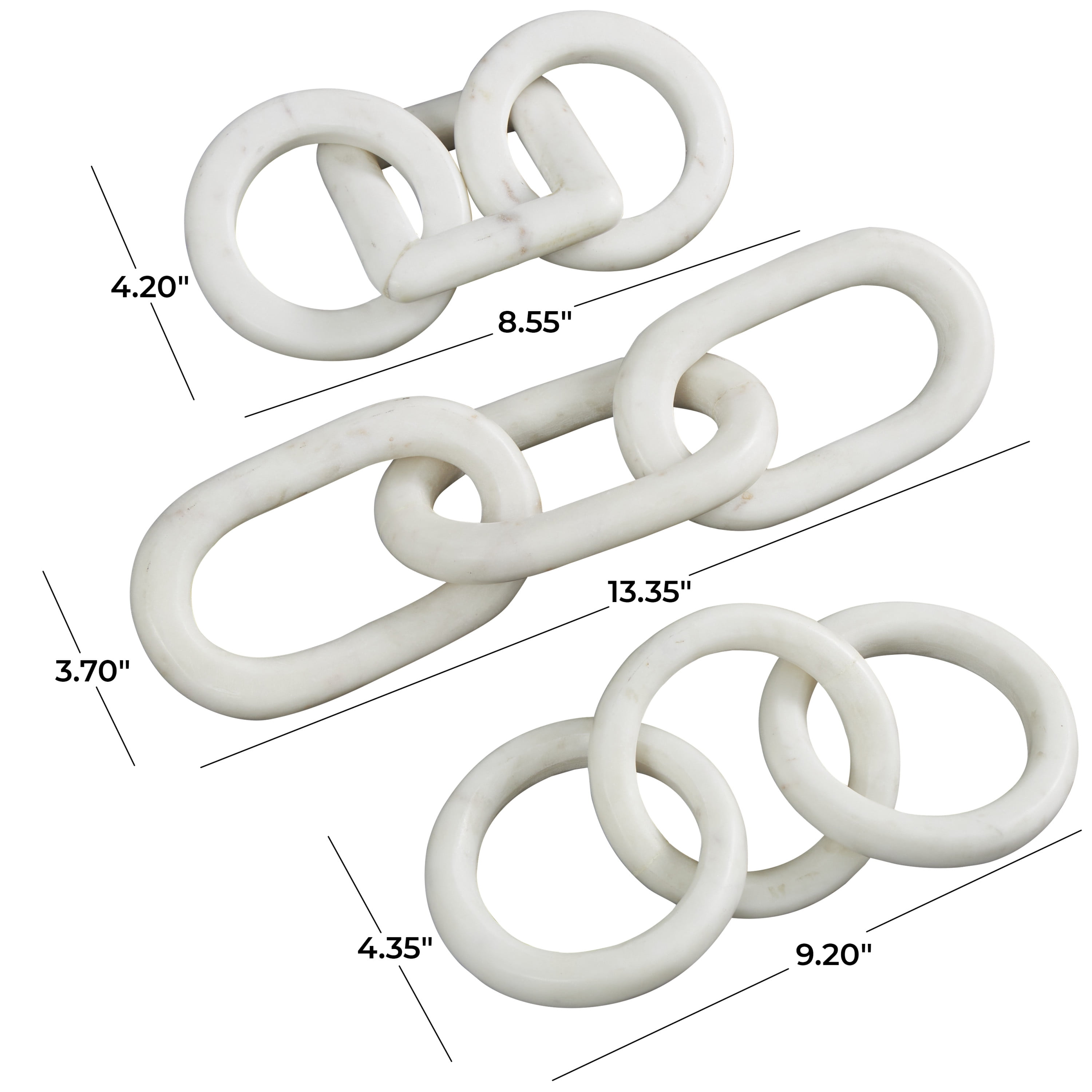 9", 9", 13"W White Marble Geometric 3 Link Chain Sculpture with Various Shapes, by DecMode (3 Count)