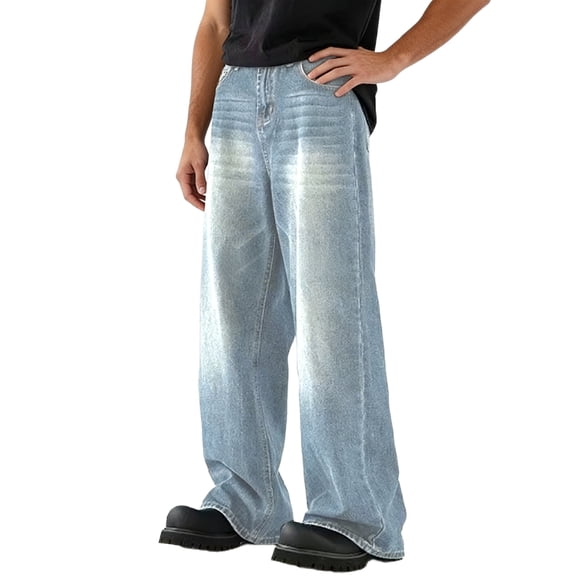 Mens Baggy Jeans for Men Y2K Skater Vintage Plain Denim Pants Casual Wide Leg Jeans Loose Fit Jean Trousers with Pockets