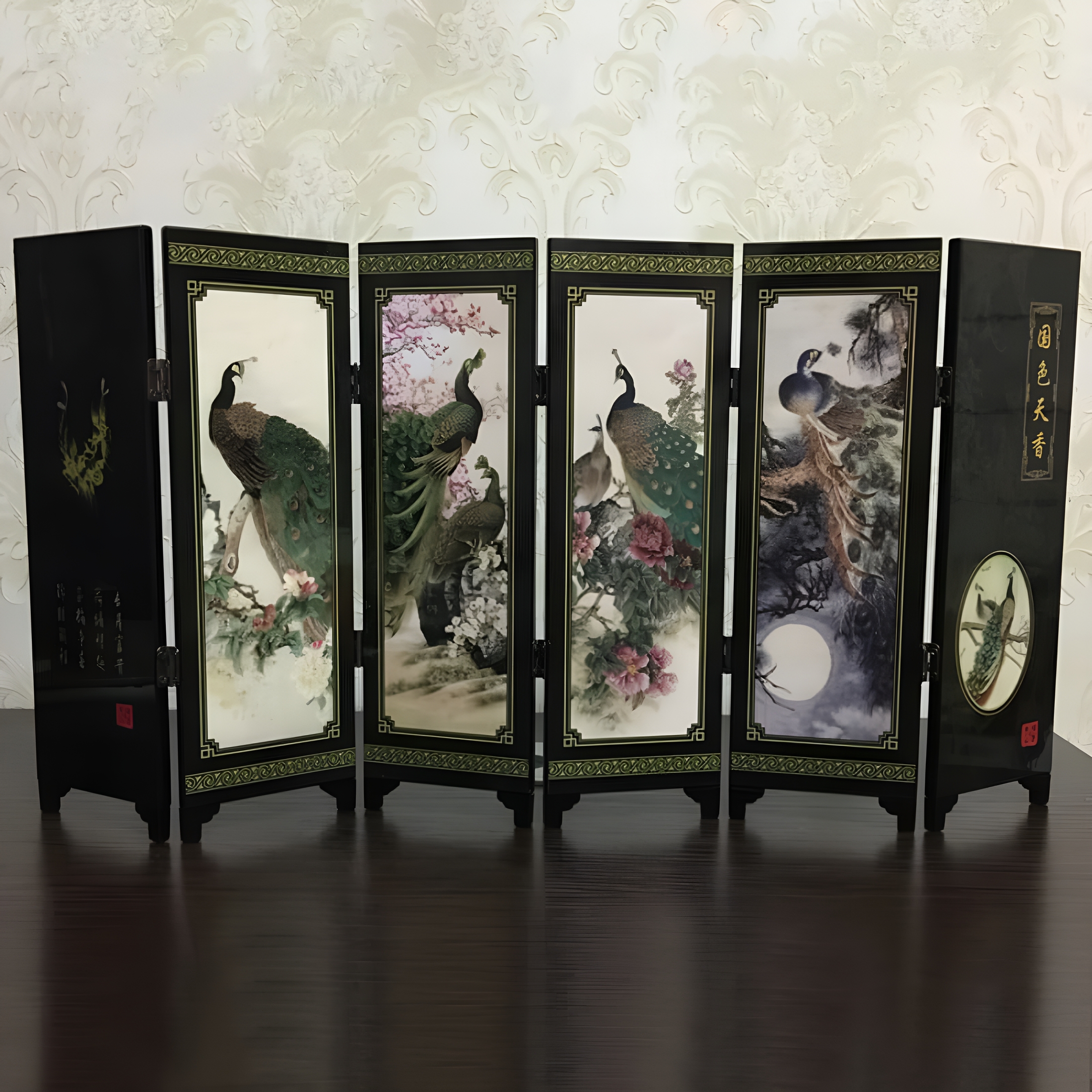 LAMIRO 6-Panel Peacock Screen Room Divider Wood Folding Partition