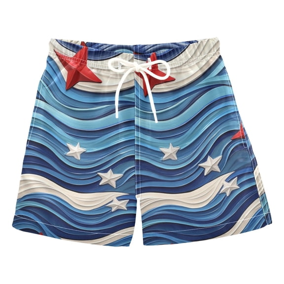 Red White Stars on Blue White Waves Swim Trunks Board Shorts Beach Pants Bathing Bottoms 2T