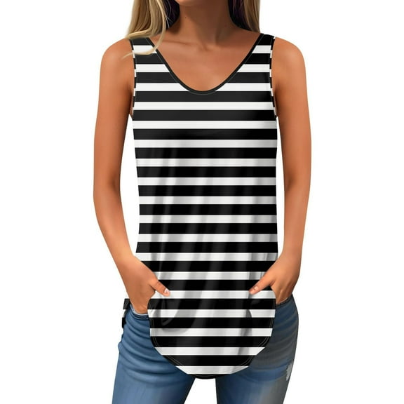 JGGSPWM Women Summer Casual Striped Sleeveless V Neck Loose Fit Color Block Tank Tops Black 2XL