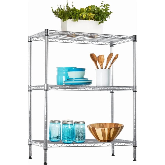 23Lx13.2Wx30.2H Adjustable Metal Storage Shelves 3-Tier Wire Shelving Unit Organizer Wire Rack 450Lbs Capacity for Small Places Kitchen Garage,Chrome