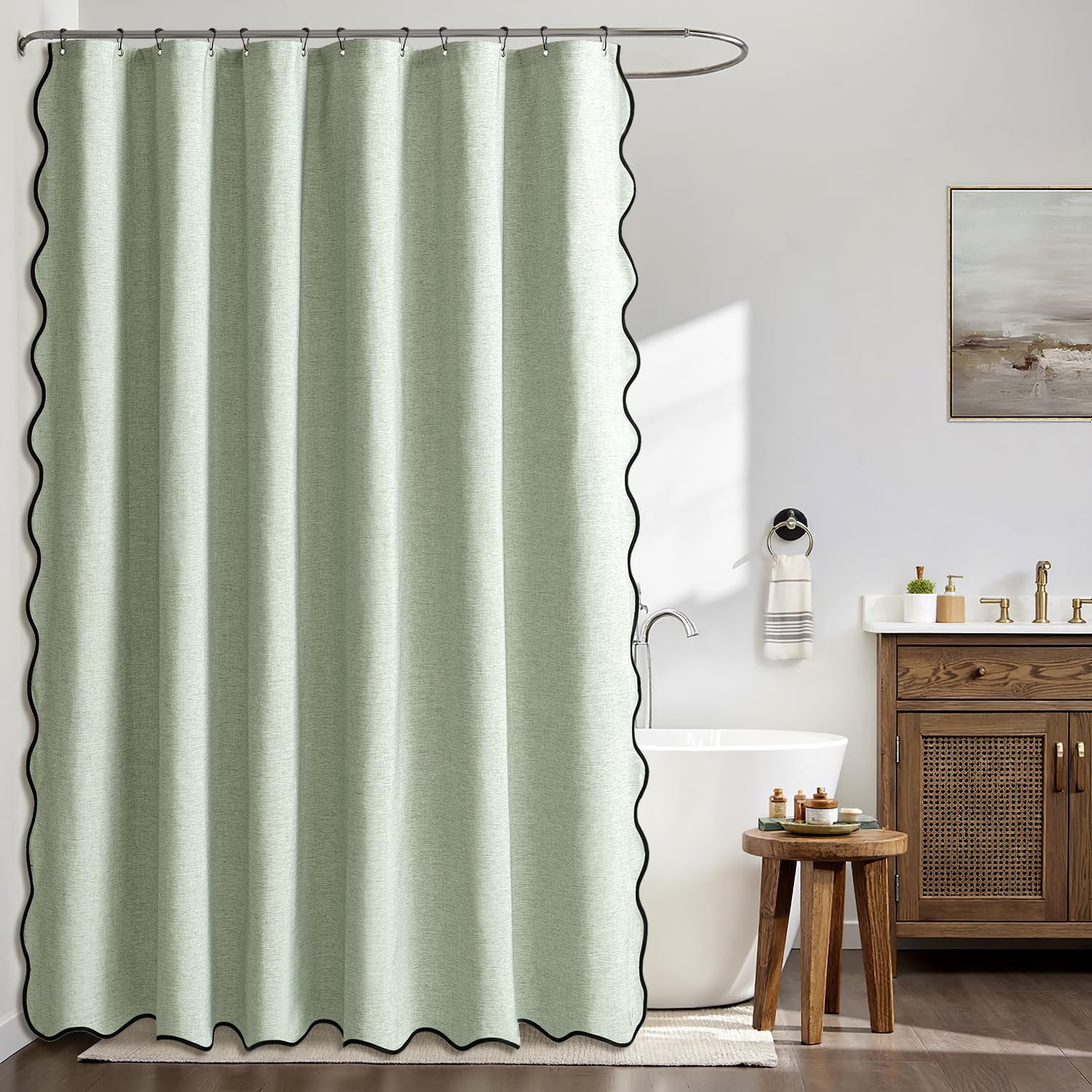 qtess A84" Long Scalloped Shower Curtain Linen Textured with 12 Metal Hooks Cute Extra Long Heavy Duty Washable Waterproof Cloth Shower Curtains with Black Border for Bathroom Hotel Bathtub,Khaki