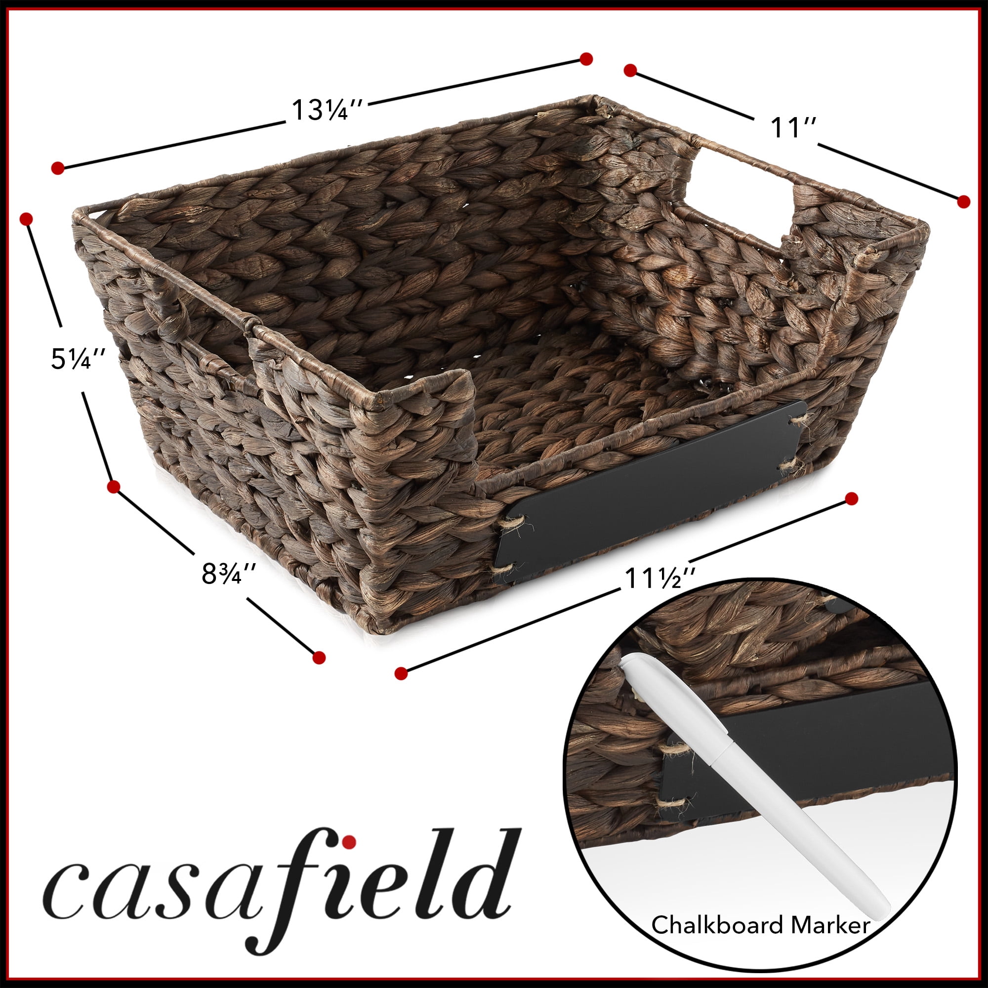 Casafield (Set of 2) Water Hyacinth Pantry Baskets with Handles and Chalkboard Labels - Espresso, Wide Woven Storage Baskets for Kitchen Shelves