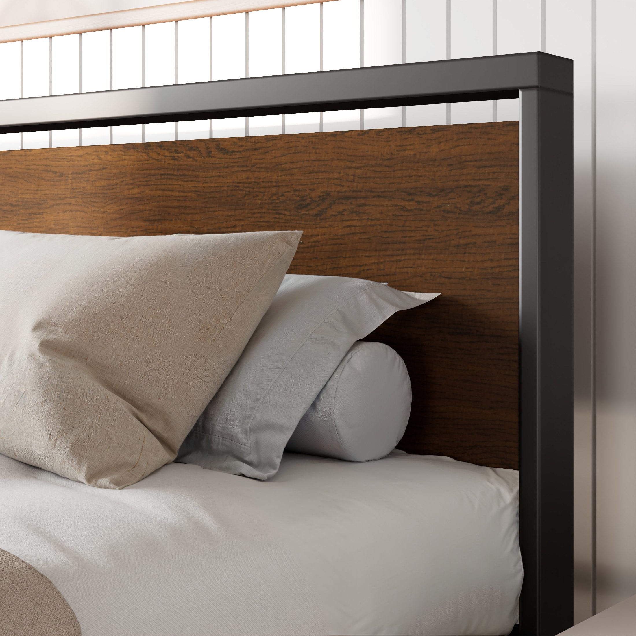 Amolife Full Size Bed Frame, Heavy Duty Metal Platform Bed with Wooden Headboard & Footboard, Walnut