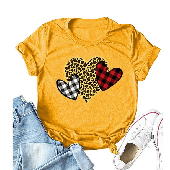 OKBOP Date Night Tops for Women,O-Neck Pullover Love Leopard Printing Short Sleeves T-Shirt White Blouse Fall Shirt