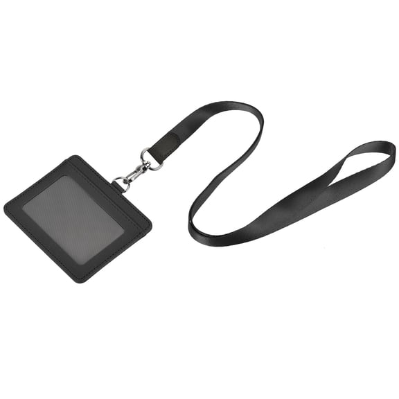 Uxcell 10.4cm Horizontal Badge Holder PU Leather ID Holder Detachable with 2 Slots and Neck Lanyard Black
