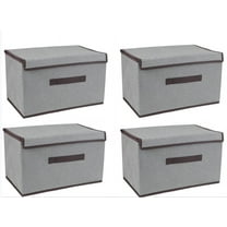 Collapsible Storage Boxes 4 Pack, Linen Fabric Storage Baskets Washable, with Lids and Leather Handle, Cube Storage Basket for Home Bedroom Closet Office, (Grey, 6.3*7.9*10.3inches)