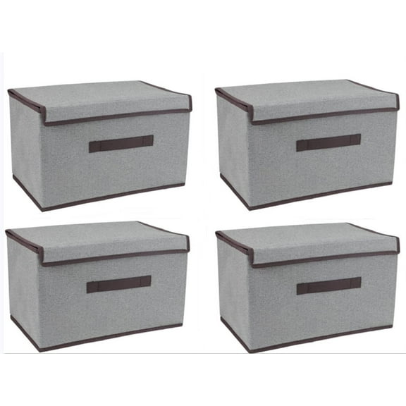 Collapsible Storage Boxes 4 Pack, Linen Fabric Storage Baskets Washable, with Lids and Leather Handle, Cube Storage Basket for Home Bedroom Closet Office, (Grey, 6.3*7.9*10.3inches)
