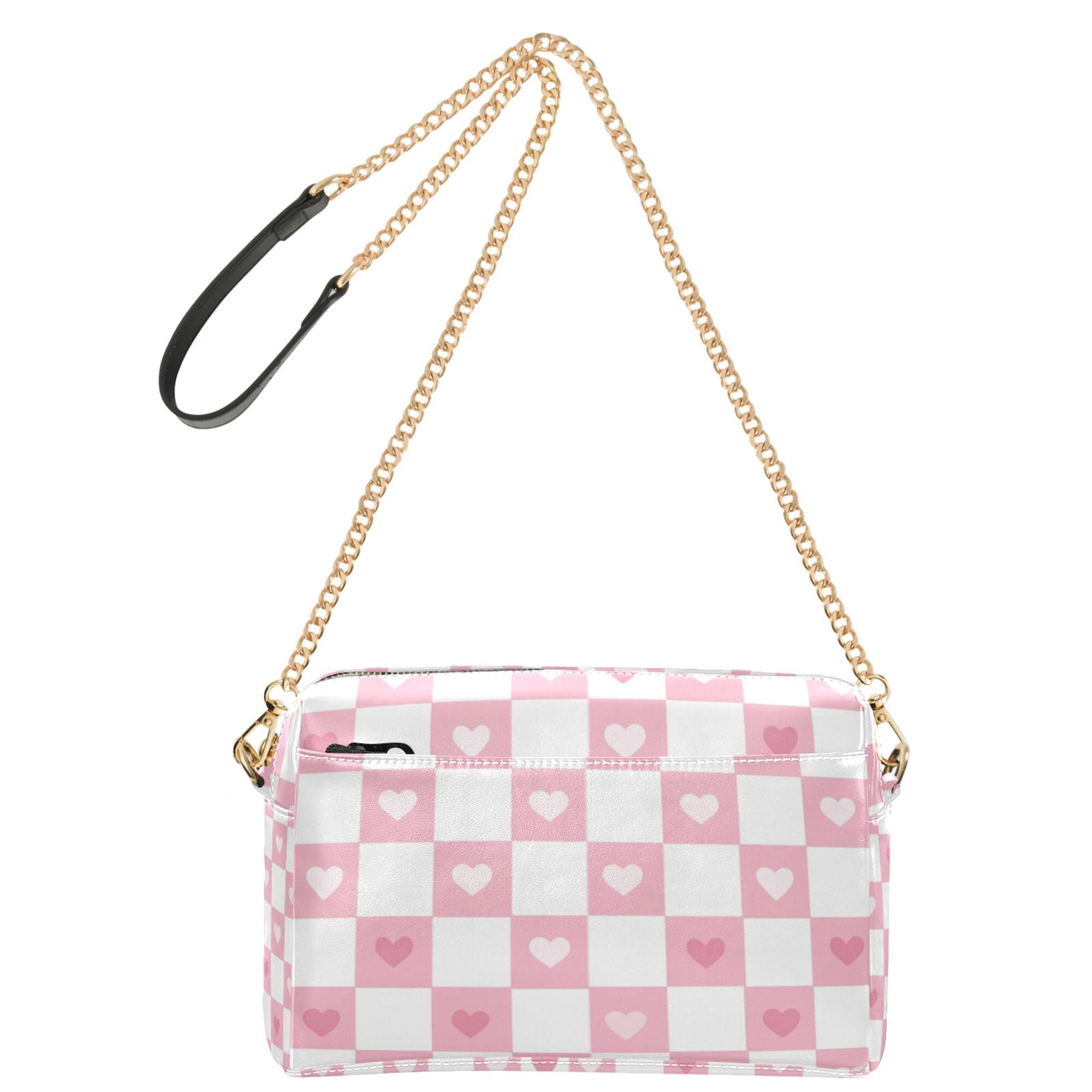 FORMRS Women Crossbody Purse with Chain Strap Vegan Leather Shoulder Handbag, Pink Checkered Heart