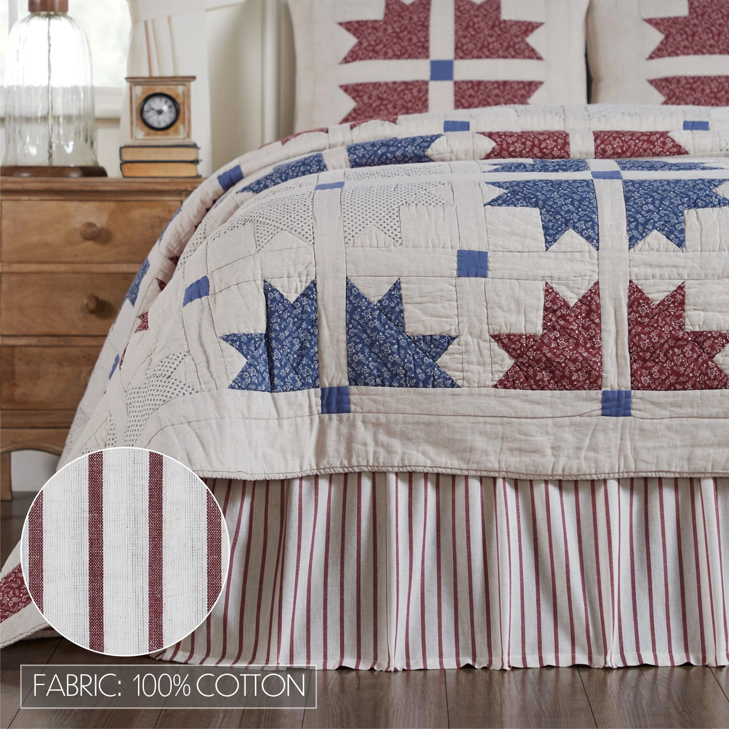 VHC Brands Celebration Farmhouse Bed Skirt Dust Ruffle, Striped, King, Red Creme, 78x80x16