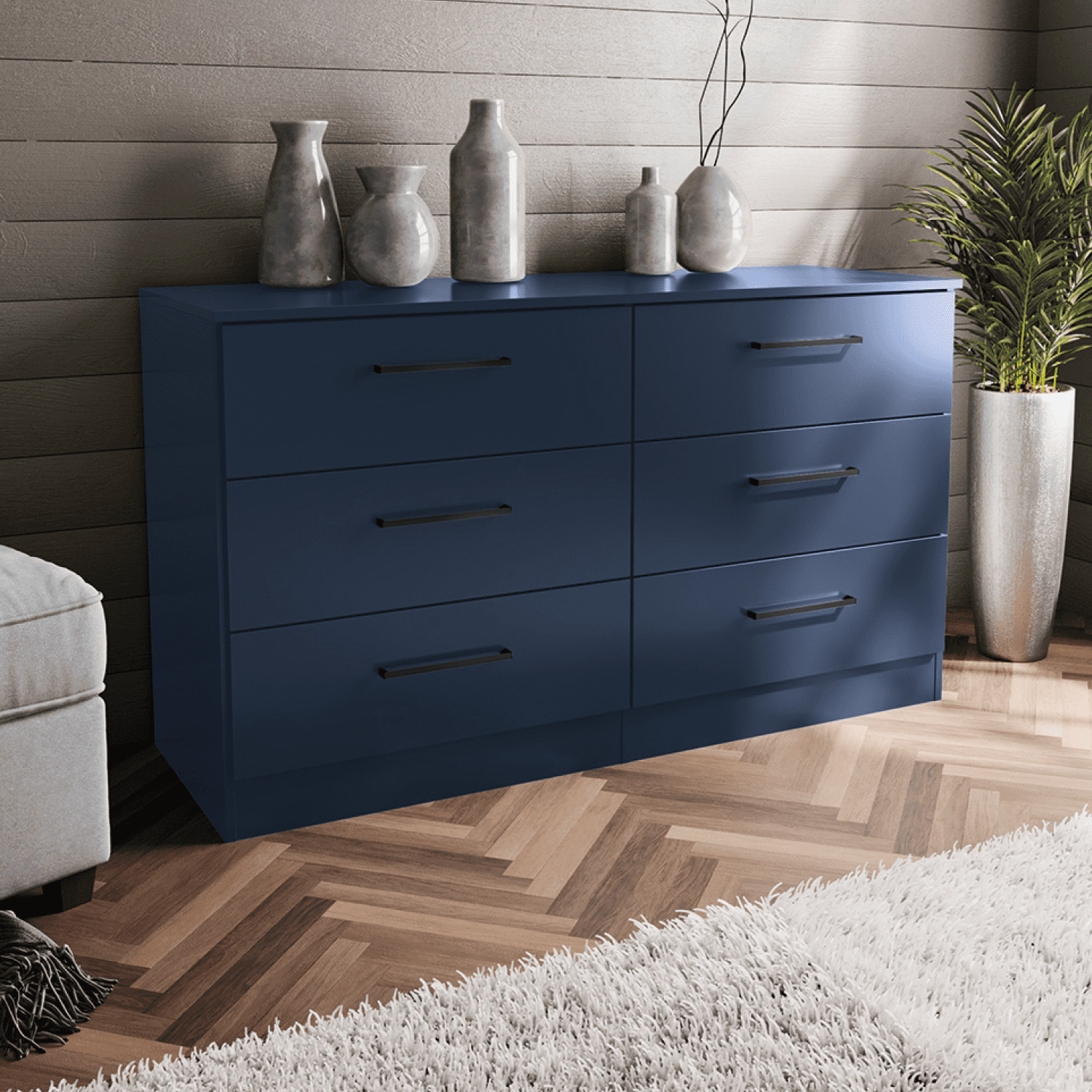 Kappesberg Jolyne 6-Drawer Horizontal Dresser, Blue with Black Handles – Modern Bedroom Storage for Adults and Teens