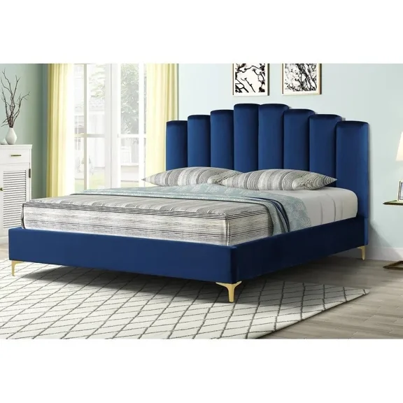 Modern Luxurious Eastern King Velvet Upholstered Platform Bed Frame with Gold Legs, Blue
