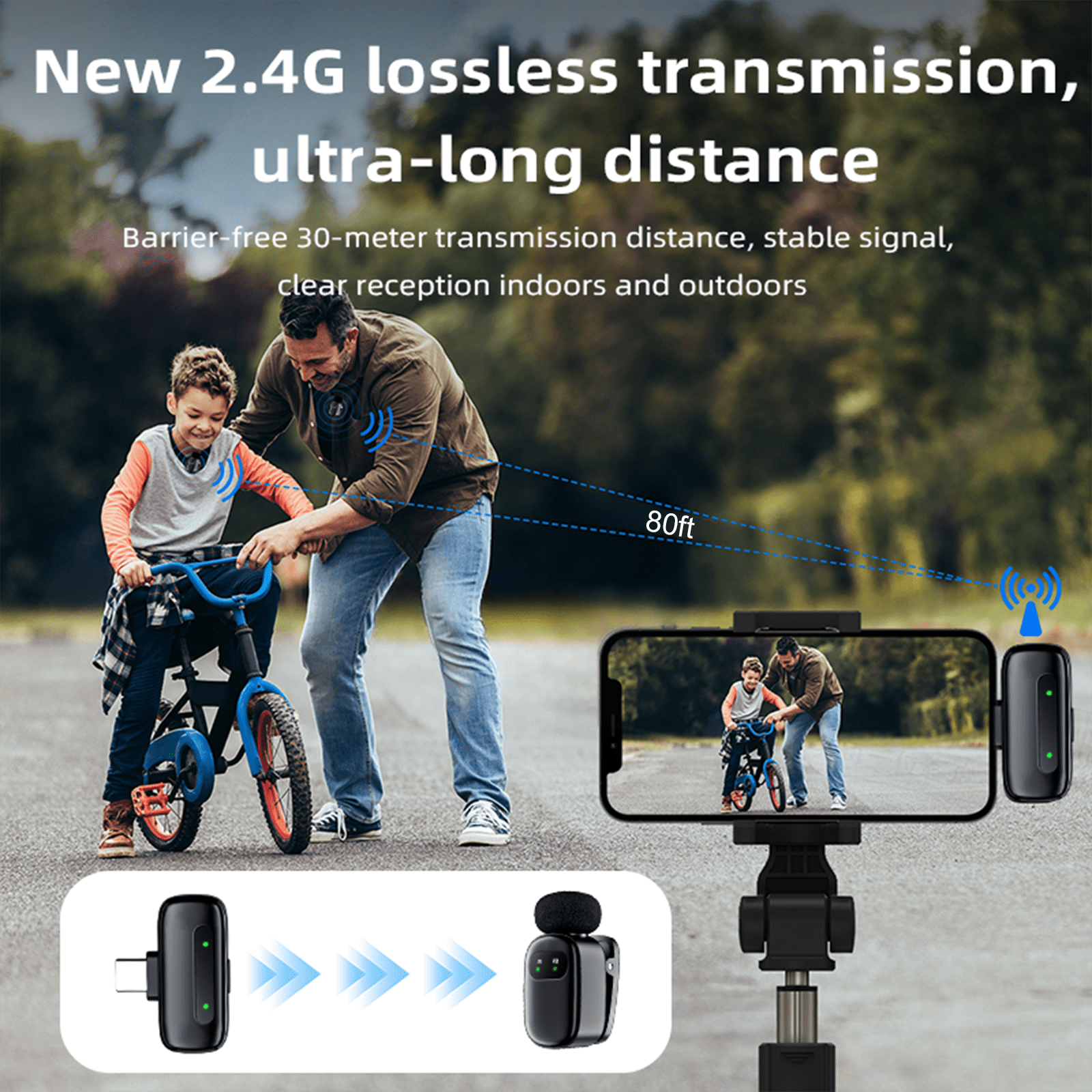 Wireless Lavalier Microphone for iPhone/Android, Lapel Mics with Type-C Plug-Play, Mini Mic with 2.4GHz Noise Cancellation, Charging Case Included, 80ft Range for Stream, Vlog, TikTok and YouTube