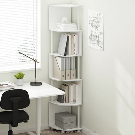 Furinno Basic 5-Tier Zigzag Corner Multipurpose Standing Shelf, White/White