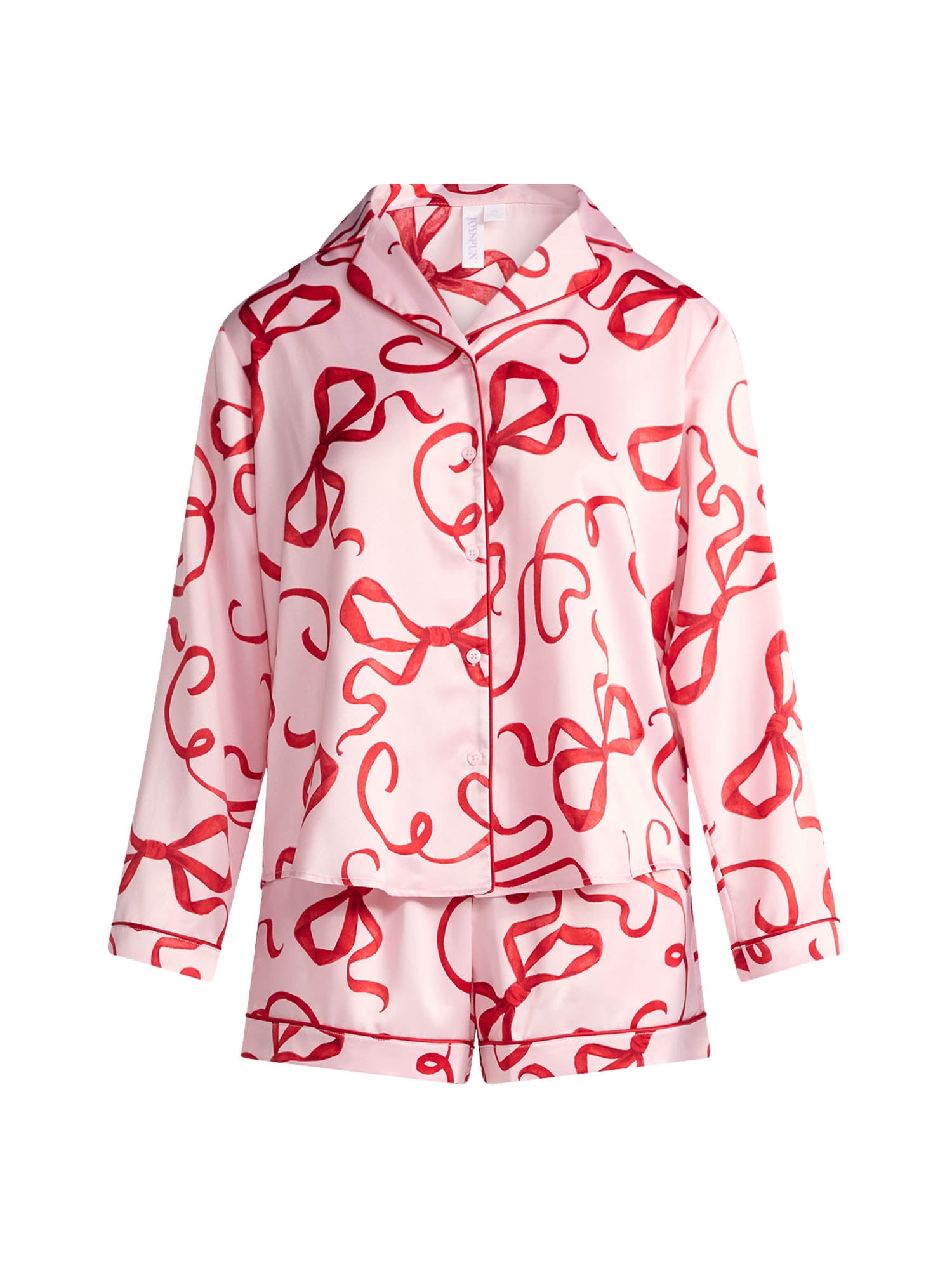 Joyspun Women’s Stretch Satin Notch Long Sleeve Top and Shorts Pajama Set, 2-Piece, Sizes XS-3X