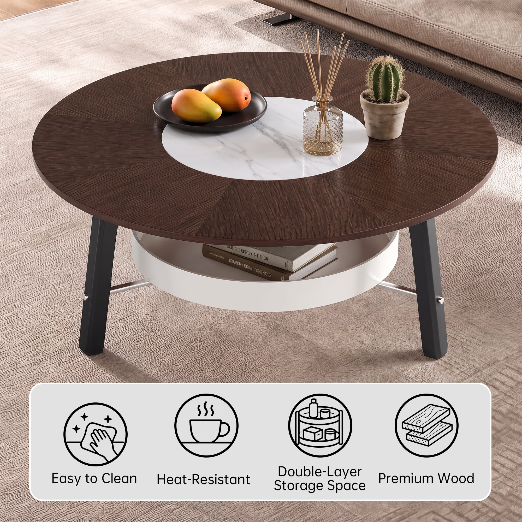 Leumius Round Coffee Table with Storage Shelf, Modern Minimalist Center Table for Living Room Walnut+White