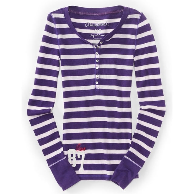 Aeropostale - Camiseta térmica para mujer con rayas henley, color morado, talla mediana Aeropostale henley