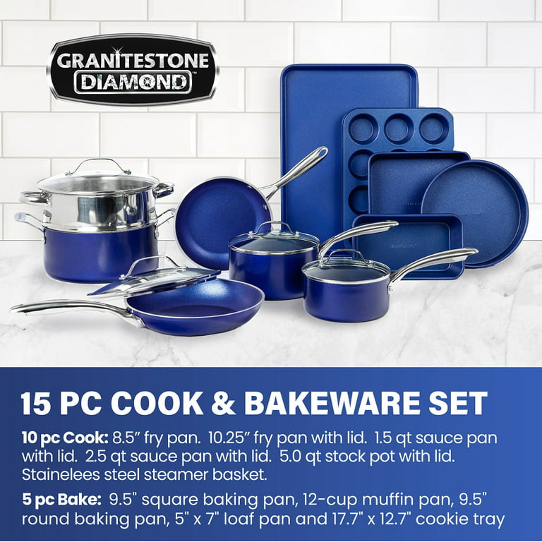 GraniteStone Blue Stainless Steel Nonstick Pots and Pans Set - 5