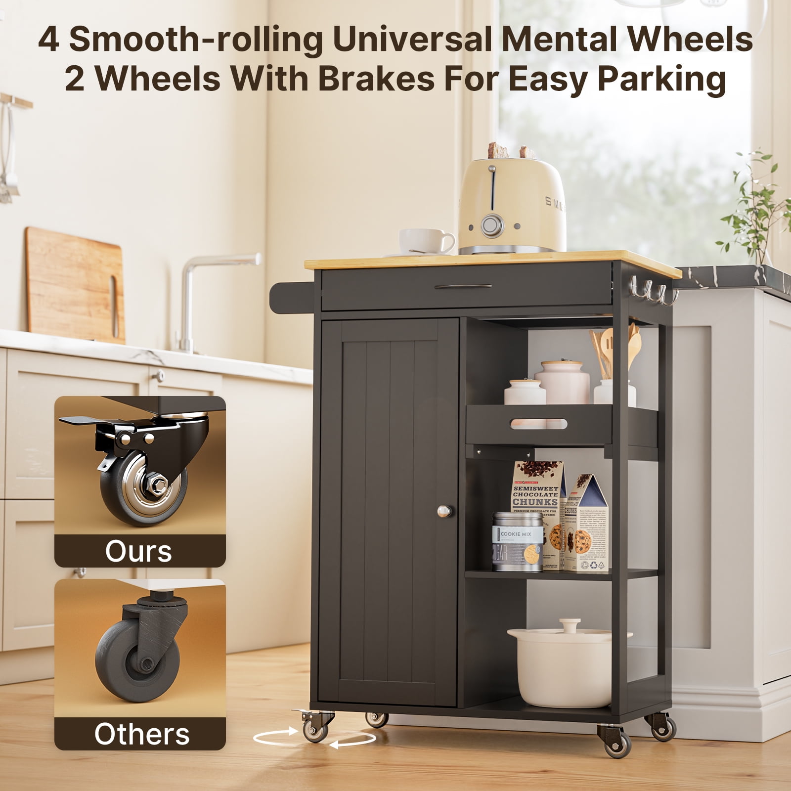 Kitchen Island Cart with Removable Tray, Lofka Kitchen Cart Microwave Cart with Drawer, Cabinet, Towel Rack, Hooks and 3 Open Storage Shelves, Black