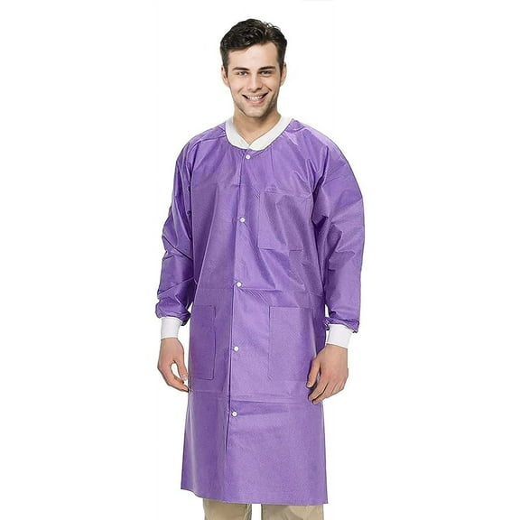 Disposable Lab Coats for Adults, Small. Pack of 50 Purple SMS Knee Length Lab Coat Disposable. 45 GSM Disposable Coats Medical. Painting Lab Coat with Cuffs, Knit Collar, and 3 Pockets