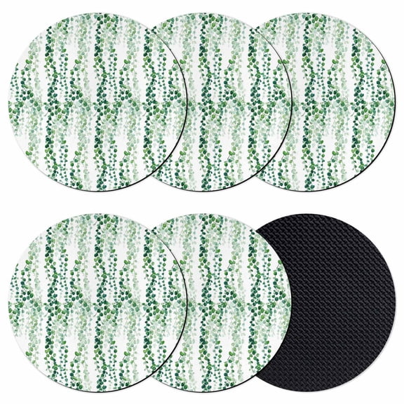Green Weeping Eucalyptus Coasters Set of 6, Absorbent Coasters for Drinks, Spring Summer Country Leaves Coaster for Desk Coffee Table Protection, Home Decor House Warming Gifts 4"