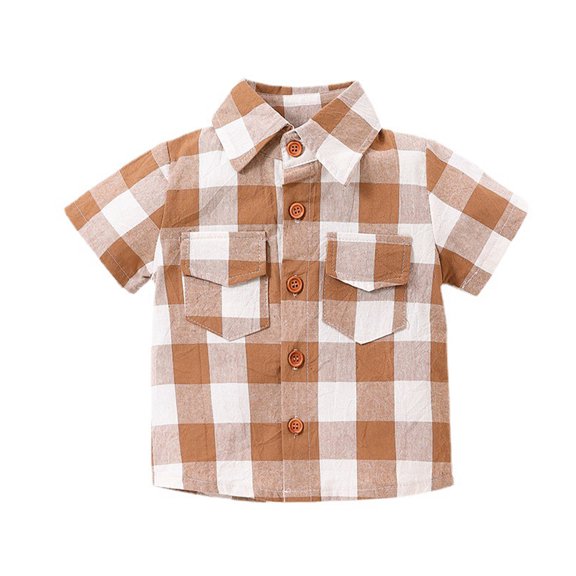 LYMAYTER Kids Boys Cotton Shirt Summer Plaid Short Sleeve T-Shirt Toddler Casual Button Shirt for 1-5T