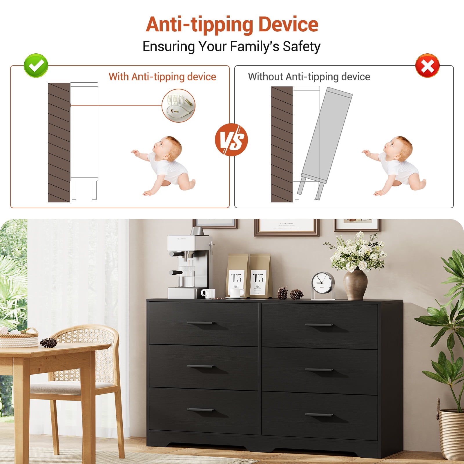 Garvee 6 Drawers Dresser, Modern Closet Dressers Chest of Drawers with Metal Handle, Wooden Dresser Organizer for Bedroom, Living Room, Hallway, Black