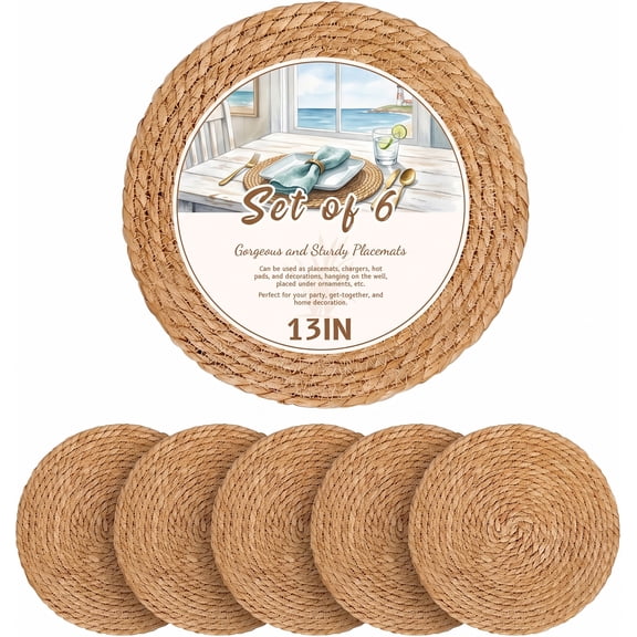 Set of 6 Round Woven Plate Chargers, 13" Boho Farmhouse Placemats for Dining Table. Rustic Rattan Wicker Chargers for Dinner Plates & Home Decor.